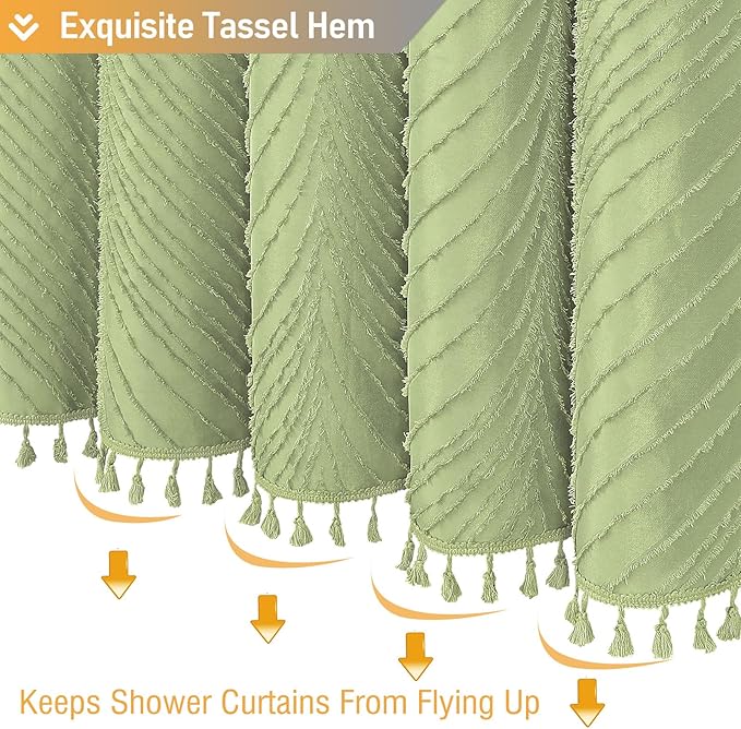 BTTN Sage Green Boho Shower Curtain, Tufted Leaves Textured Striped Fabric Shower Curtain Set with Tassels, Water Repellent, Modern Farmhouse Minimalist Vintage Shower Curtains for Bathroom, 72 x 72