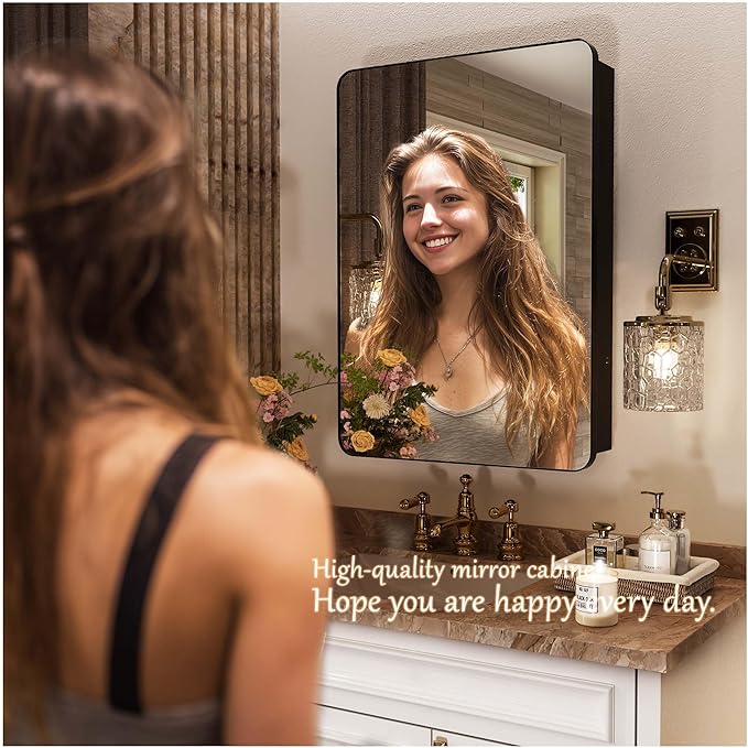 16x24 Inch Bathroom Medicine Cabinet with Mirror, Partition Storage for Tall Bottles, Recessed or Surface Mount Wall Cabinet, 110° Soft Close Hinge, Pre-Assembled, Matte Black, w/Hardware