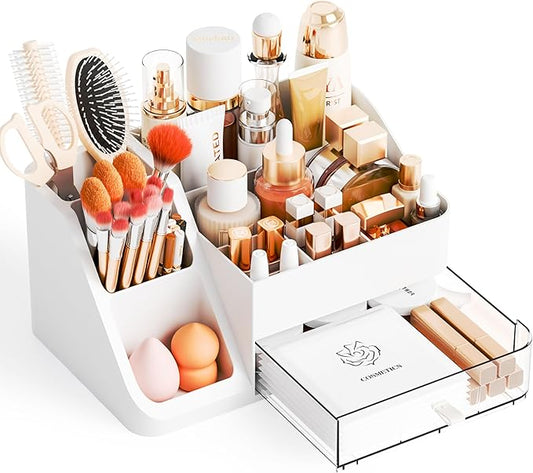 Yieach White Make up Organizers for Counter,Large Cosmetics Storage Organizer for Brush,Lipstick,Beauty and Skincare Products,Plastic Bathroom Counter Makeup Organizer and Makeup Holders for Vanity