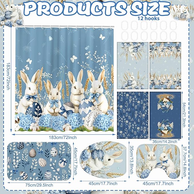 FuWeave 8 Pcs Easter Shower Curtain Set for Bathroom Decor Include Spring Floral Blue Bunny Egg Shower Curtain Hydrangea Towels Non Slip Rugs Toilet Lid Cover Bath Mat and 12 Hooks for Bathroom Decor