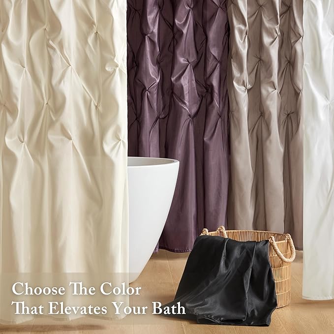 Madison Park Laurel Semi-Sheer Black Shower Curtain – Lightweight Faux Silk Fabric, 72x72 in, Light Filtering, Modern Style Bathroom Curtain Textured Tufting Detail Modern Mid-Century Bathroom Decor