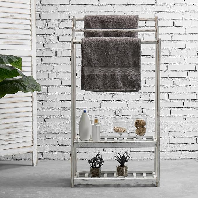 MyGift 3 Tier Bathroom Towel Rack Freestanding, Free Standing Bath Towel Drying Holder Stand with 2 Slatted Bottom Storage Organizer Shelf, Farmhouse Whitewashed Solid Wood