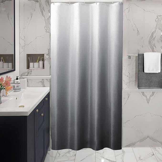 Gibelle Small Stall Shower Curtain 36 x 72, Narrow Grey Ombre Shower Curtain for Bathroom, Waffle Weave Fabric Shower Curtain Set with Hooks, Water Repellent, Machine Washable