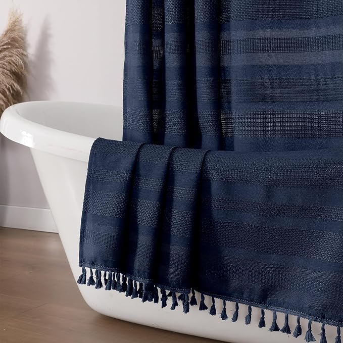 OVZME Navy Blue Shower Curtain for Bathroom, Boho Linen Textured Shower Curtain with Tassel, Rustic Striped Heavy Duty Vintage Country Bathroom Curtain, 72Wx72L Inches