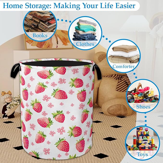 Straberry Flower Laundry Basket Collapsible Laundry Hamper Clothes Toy Storage Bin for Bathroom Bedroom Room Decor 16" X 20.8"