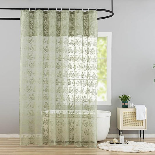 YJ YANJUN Sage Green Shower Curtain for Bathroom, Rustic Floral Lace Sheer Shower Curtain with Attached Valance, Scalloped Edge Elegant Sage Bath Curtain, 72 x 72 Inch, Sage Green
