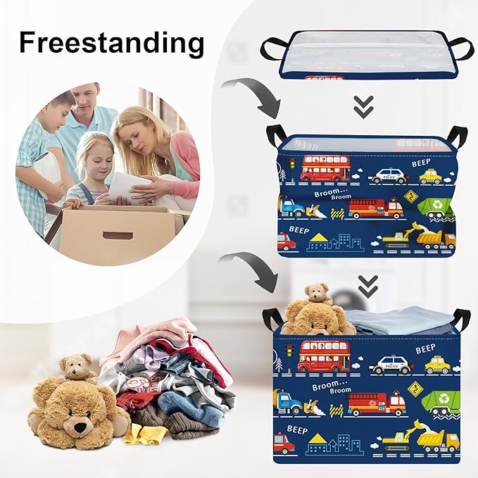 Cars Laundry Hamper Cartoon Vehicle Large Storage Basket Collapsible Parents Organizer Boy Toy Clothes Bins for Bedroom, Bathroom, City Bus, 36L