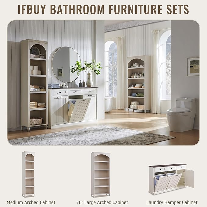 IFBUY Triple Tilt Out Laundry Hamper Cabinet, 20 Gallon Farmhouse Trash Can Cabinet w/Drawer & Adjustable Shelf, Hidden Garbage Can Bin Cabinets w/Laundry Basket for Bathroom, Kitchen (Antique White)