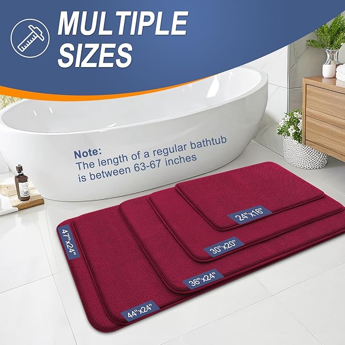 OLANLY Thick Memory Foam Bath Mat Rug 47x20, Extra Soft Absorbent Bathroom Rug, Quick Dry Bath Mats, Non-Slip, Machine Washable Carpet for Bathroom, Tub and Shower, Home Decor Accessories, Burgundy