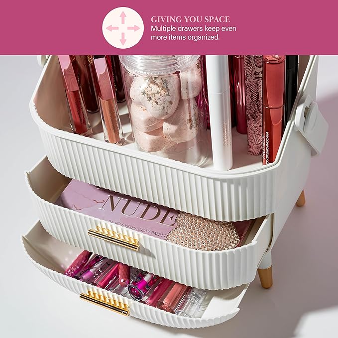 Paris Hilton Makeup Storage Organizer with Lid, Cosmetics and Skincare Organizer for Vanity, Portable Makeup Storage Box for Countertop, Fluted Design with Gold Accents, White