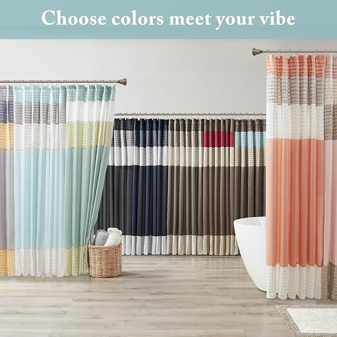 Madison Park Amherst Bathroom Shower Curtain Faux Silk Pieced Striped Modern Microfiber Bath Curtains, 72x84 Inches, Blue