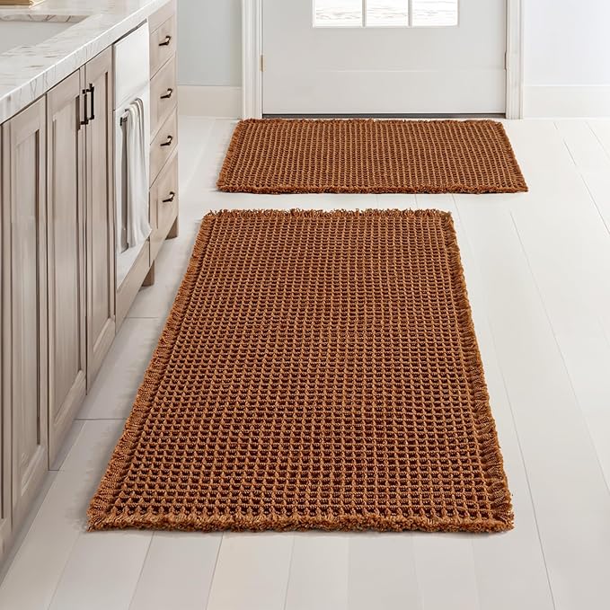 MIULEE Set of 2 Waffle Bathroom Rugs, Fall Boho Bath Rugs Non Slip Washable, Super Absorbent Bath Mats, Ultra Soft Rubber Backed Shower Mats for Bathroom Floor, Tub, Terracotta, 17"x24"+18"x30"