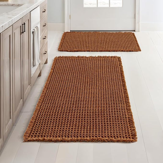 MIULEE Set of 2 Waffle Bathroom Rugs, Fall Boho Bath Rugs Non Slip Washable, Super Absorbent Bath Mats, Ultra Soft Rubber Backed Shower Mats for Bathroom Floor, Tub, Terracotta, 17"x24"+18"x30"