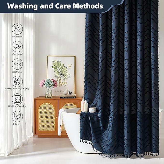 Extra Long Shower Curtains 72 x 84 Inches Tufted Chevron Navy Blue Shower Curtains Fabric for Bathroom Modern Shabby Chic Waterproof Cloth Shower Curtain