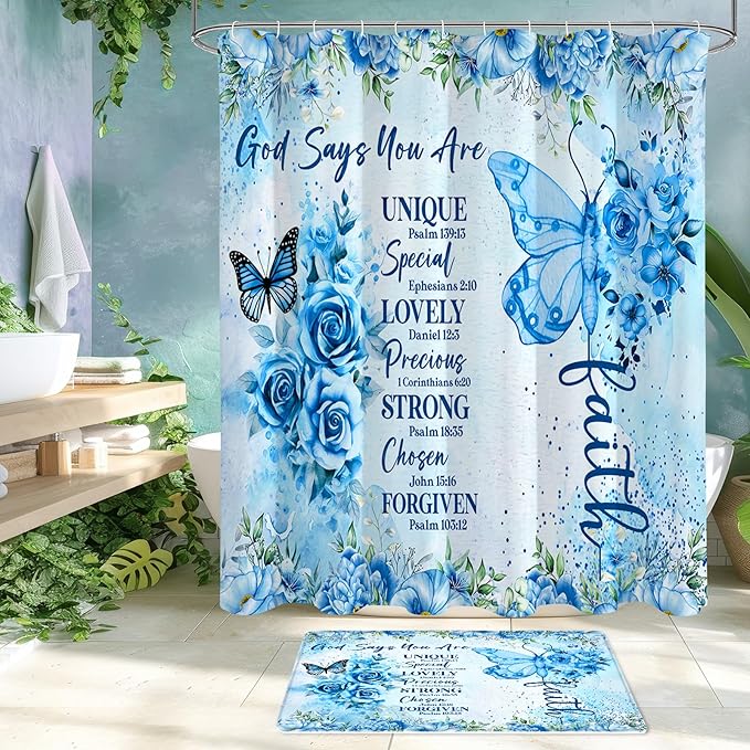 Litabel 4 Pcs Blue Butterfly Inspirational Quotes Shower Curtain Set with Rugs and Toilet Lid Cover, Colorful Boho Waterproof Fabric Bathroom Set, Bible Verse Floral Bathroom Decor Set Accessories