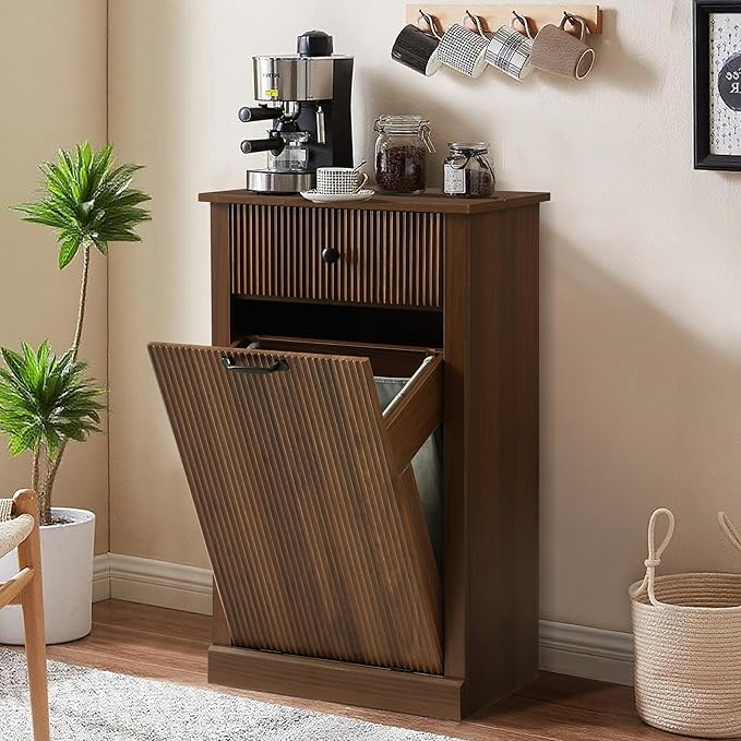 36" H Tilt Out Laundry Hamper Cabinet, Modern Fluted Trash Can Cabinets with Drawer, Wooden Hidden Garbage Cabinet for Kitchen and Bathroom (Brown, Single)