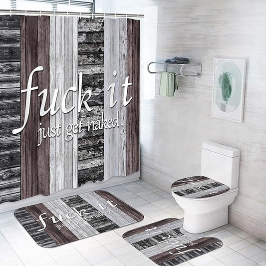 ArtSocket 4PC Funny Get Naked Farmhouse Rustic Grey Brown Striped Shower Curtain Sets Bathroom Decor with Rugs, Non-Slip Rug,Toilet Lid Cover, Bath Mat and 12 Hooks 72x72 inches