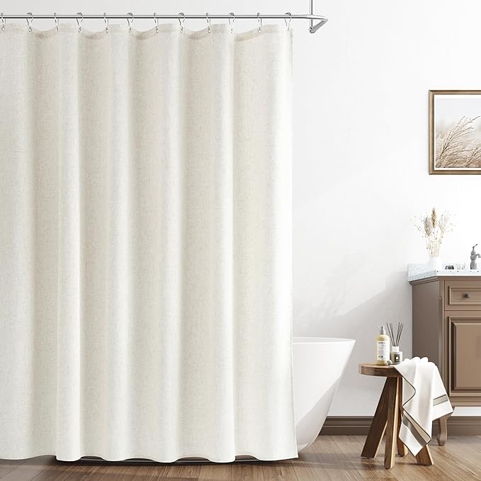 Naturoom Extra Long Cream Shower Curtains 92 Length Natural Linen Fabric Shower Curtain Set Tall Bath Curtain with See Through Top Window and Hooks Country Farmhouse Style,Cream,72x92