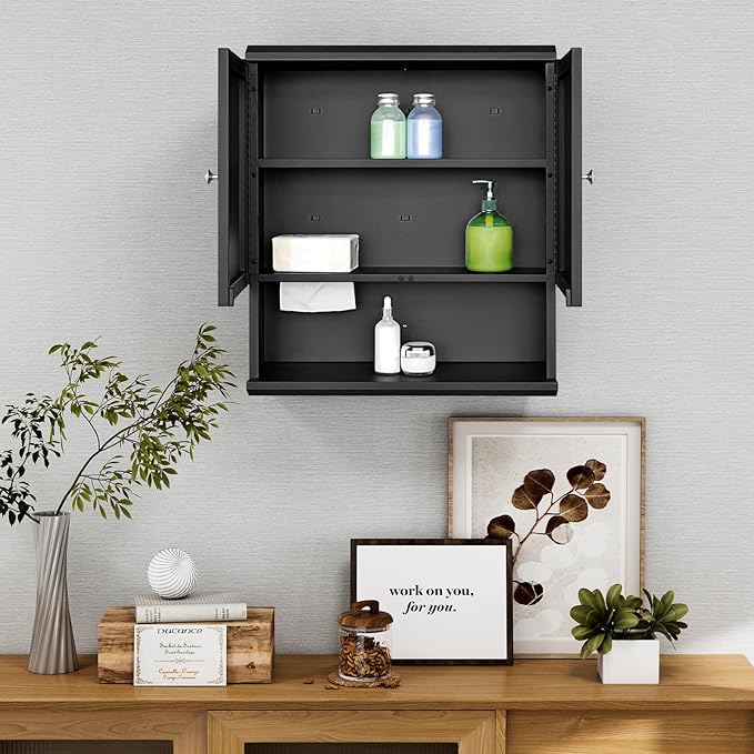 Fundin Black Bathroom Wall Metal Cabinet with Hidden Tissue Slot & Adjustable Shelves, Over The Toilet Storage Cabinet for Bathroom Laundry Room