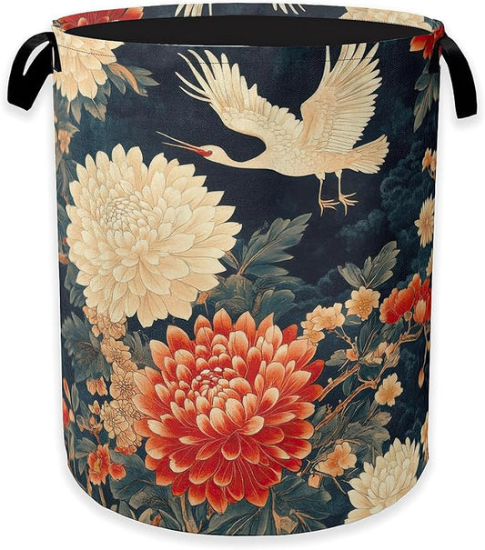 Collapsible Laundry Basket,Retro Crane Dirty Clothes Hamper,Vintage Flowers Hampers for Bedroom Waterproof Oxford Cloth Storage Organizer for Bathroom,Nursery,Dorm,16x20 Inch