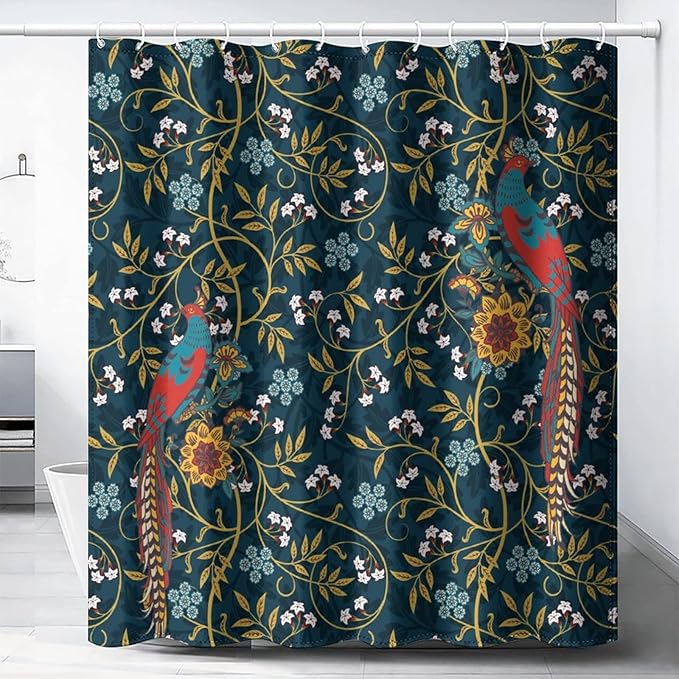 Rustic William Morris Art Print Waterproof Fabric Shower Curtain,Vintage Mid Century Boho Floral Bird Soft Hotel Quality Cloth Shower Light-Weight & Machine Washable - 84L x72W