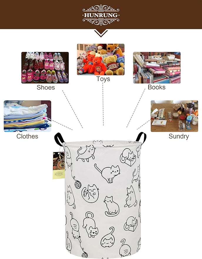 HUNRUNG Laundry Hamper,Large Canvas Fabric Lightweight Storage Basket Toy Organizer Dirty Clothes Collapsible Waterproof for College Dorms, Children Bedroom,Bathroom???Round cat???