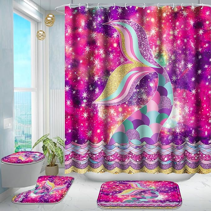 Poedist 4 Pcs Bathroom Shower Curtain Set,Kid's Bathroom Set,Mermaid's Tail Shower Curtain Sets with Rugs(Bath Mat,U Shape and Toilet Lid Cover Mat) and 12 Hooks