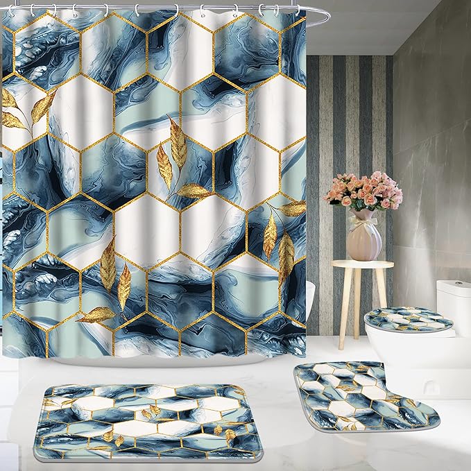 Poedist Shower Curtain Set with Rugs,Bathroom Accessory Set, Including Non-Slip Rugs,Toilet Lid Cover and Bath Mat, Waterproof Shower Curtain with 12 Hooks,Grey and White Honeycomb Marble
