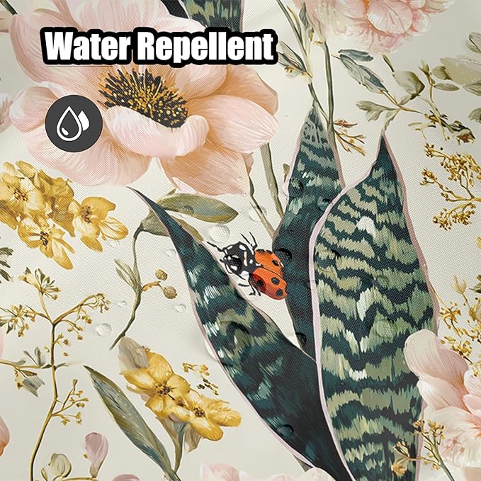 Floral Shower Curtain 72x72 Inch Botanical Flower and Ladybug Print Bathroom Curtain Vintage Garden Style for Cottagecore Decor