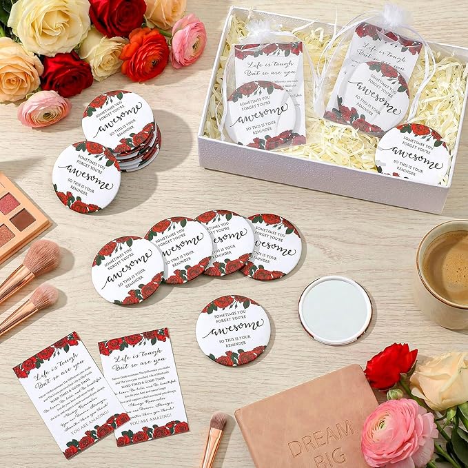 25 Set Mother's Day Inspirational Compact Mirror Religious Bulk Gift for Women Christian Mini Makeup Pocket Mirror Administrative Professional Gift with Card for Volunteer Employee Teacher (Rose)