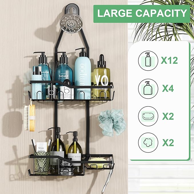 Shower Caddy Hanging,Rustproof Anti-Swing Shower Organizer,2 Tier Hanging Bathroom Caddy Anti-swing and Non-slip,Bathroom Organizer with 18 Hooks for Razor/Sponge