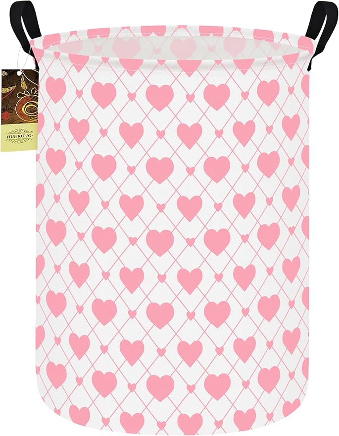 HUNRUNG Laundry Hamper,Large Canvas Fabric Lightweight Storage Basket Toy Organizer Dirty Clothes Collapsible Waterproof for College Dorms???Round-Heart???