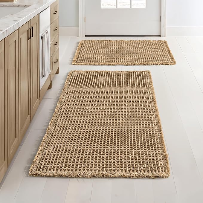 MIULEE Set of 2 Waffle Bathroom Rugs, Boho Bath Rugs Non Slip Washable, Super Absorbent Bath Mats, Ultra Soft Rubber Backed Shower Mats for Bathroom Floor, Tub, Brown, 17"x24"+20"x32"