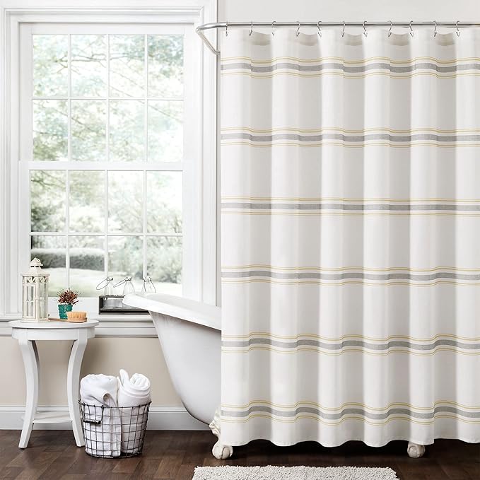 Lush Decor Farmhouse Stripe Cotton Shower Curtain, 72" W x 72" L, Yellow & Gray - Striped Bathroom Curtain - Fabric Shower Curtains - Farmhouse Bathroom Decor