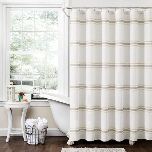 Lush Decor Farmhouse Stripe Cotton Shower Curtain, 72" W x 72" L, Yellow & Gray - Striped Bathroom Curtain - Fabric Shower Curtains - Farmhouse Bathroom Decor