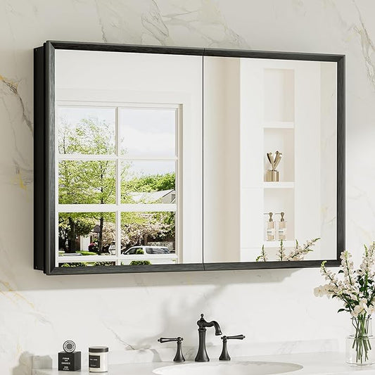 TokeShimi 36 x 24 Black Recessed Medicine Cabinets, Assembly Required, Bathroom Mirror Medicine Cabinet, Lightweight Aluminum Frame， Stepless Adjustable Shelves, Tempered Glass