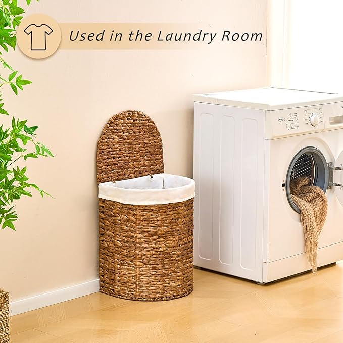 Water Hyacinth Laundry Hamper with lid, Half Moon Shape with 2 Removable Cloth Bags, Handwoven Boho Wicker Basket for Laundry Organization, Espresso