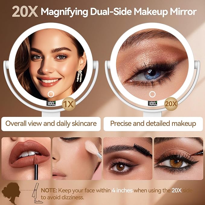 Shinowa Makeup Mirror with Lights, 20X Wall Mounted Lighted Magnifying Mirror, 2-Sided Vanity Mirror with 3 Color Lights & Brightness Adjustment, 360° Rotation Rechargeable Desk Mirror, Travel Mirror