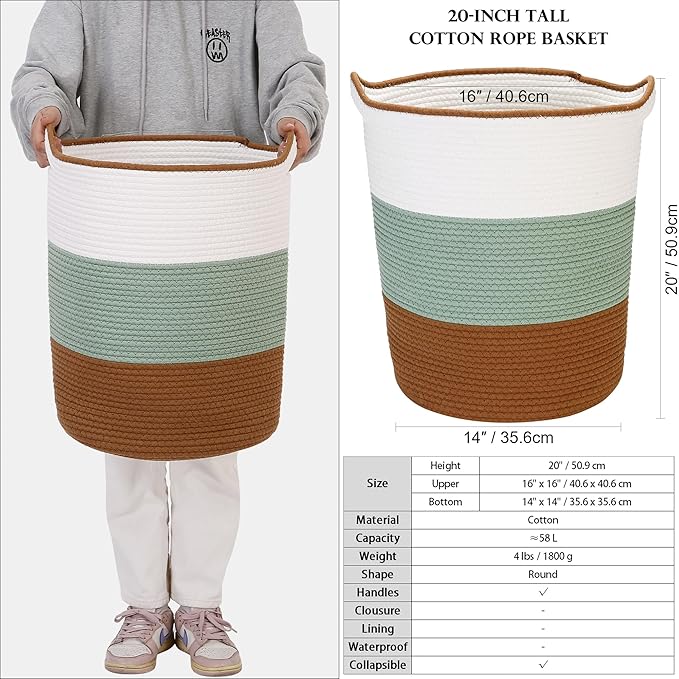 Sea Team Large Size Cotton Rope Woven Storage Basket with Handles, Laundry Hamper, Fabric Bucket, Drum, Clothes Toys Organizer for Kid's Room, 20 x 14 inches, Round Open Design, Green & Brown