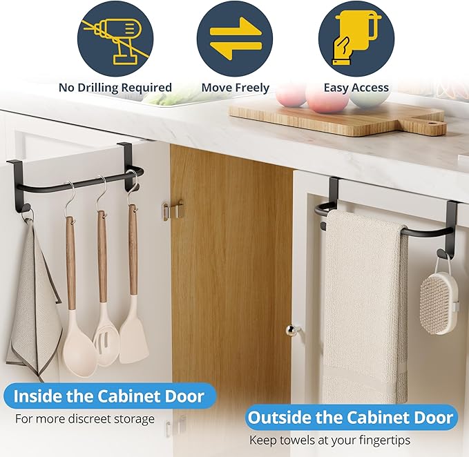 SAYAYO Over Cabinet Towel Bar Black, 10 Inch Kitchen Towel Holder with 2 Hooks, Over The Cupboard Door Dish Towel Rack, 2 Pcs (11.5 Inch Total Length)