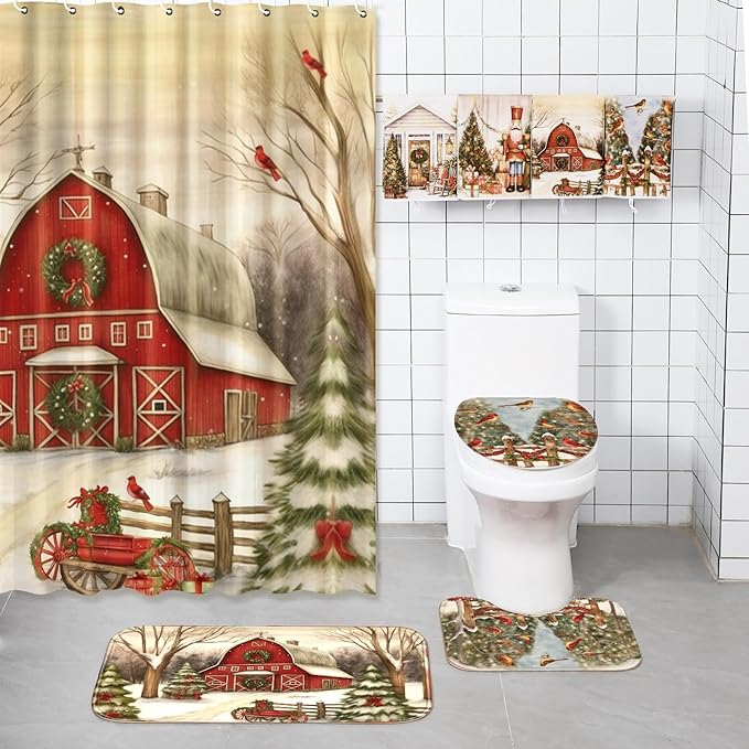 FuWeave 8 Pcs Christmas Shower Curtain Set Xmas Santa Bathroom Decoration Christmas Tree Hand Towels Snowman Toilet Lid Cover Bathroom Rugs Xmas Shower Curtain with Hooks(Farmhouse Style)