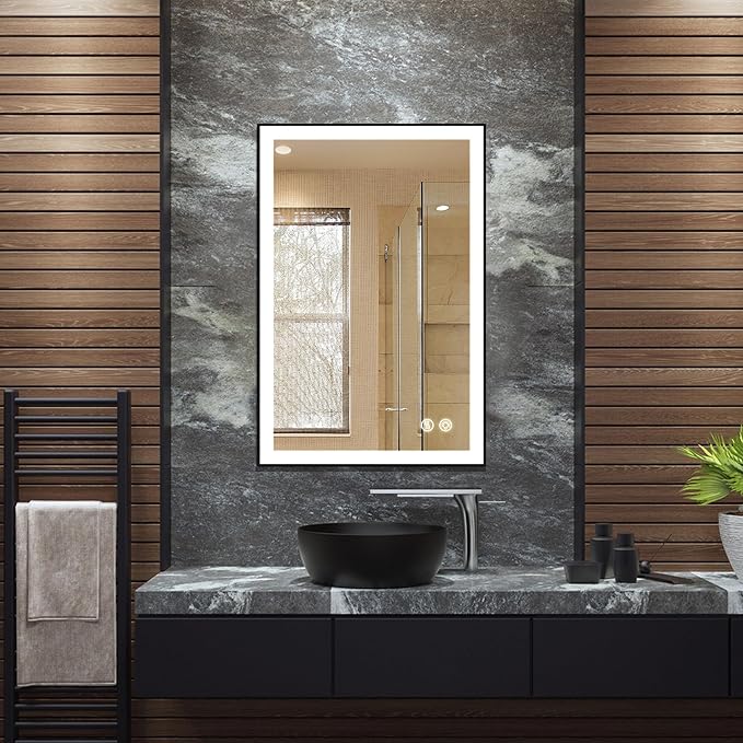 30x20 Inch LED Bathroom Mirror with Lights, Black Frame - 3 Color Modes, Touch Dimmer, Anti-Fog - Wall Mount Lighted Vanity Mirror for Makeup, Dressing Room - Fab Glass and Mirror