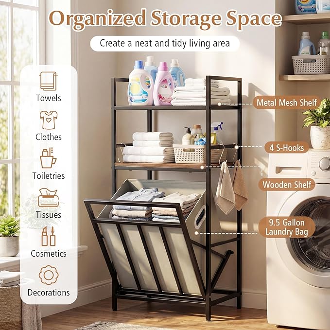 Giantex Tilt out Laundry Hamper, Space Saving Bathroom Storage Cabinet with Removable Basket, 2 Open Shelves & 4 Side Hooks, Hidden Laundry Organizer for Dirty Clothes, Laundry Room, Bedroom