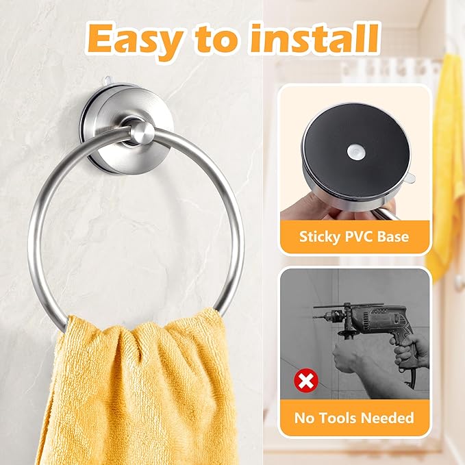 YOHOM Suction Cup Towel Ring Hand Towel Holder for Bathroom Vacuum Suction Washcloth Holder Dish Towel Hanger for Shower Wall No Drill Stainless Steel Brushed Finish, 2 PCS