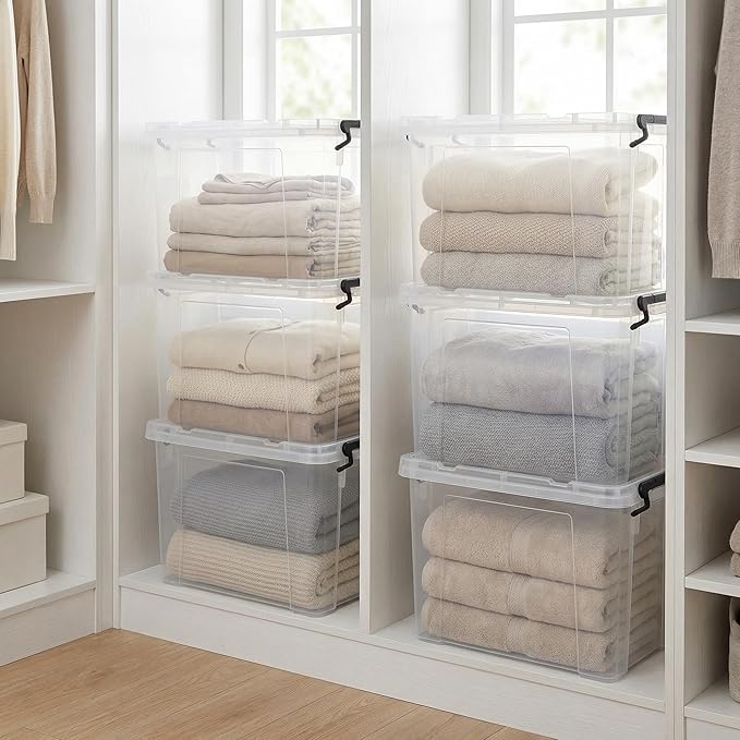 12 Pack 90 Qt Clear Large Storage Bins with Lids, Stackable Plastic Organizer for Home, Office, Garage, BPA-Free, Heavy-Duty, See-Through Containers with Secure Latches & Handles