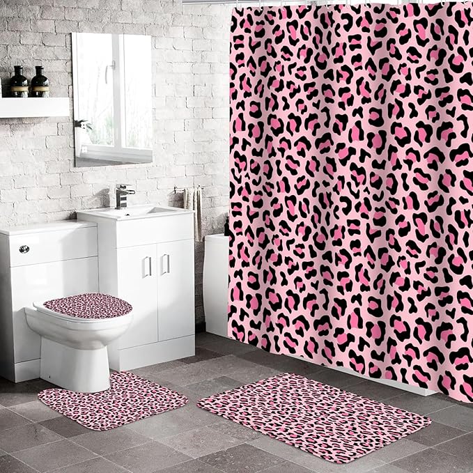 4 PCS Leopard Shower Curtain Cheetah Print Shower Curtain Sets Non Slip Bathroom Rugs Soft Plush Bath Mat Toilet Lid Cover Animal Print Shower Curtains with 12 Hooks for Bathroom Tub, Pink