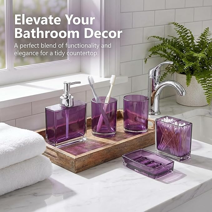 Purple Bathroom Accessories Set - 5 Pcs Acrylic Bathroom Accessory Set - Toothbrush Holder, 2 Toothbrush Cups,soap Dispenser, soap Dish for Bathroom(Purple)