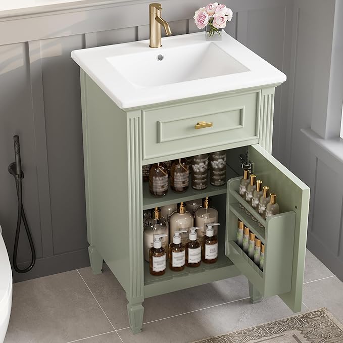 Virubi 20 in Small Bathroom Vanity with Sink,Soft Closing Door,Tilt-Out Drawer and Adjustable Shelf,Solid Wood Frame Modern Single Bathroom Sink Cabinet,Freestanding (Green)