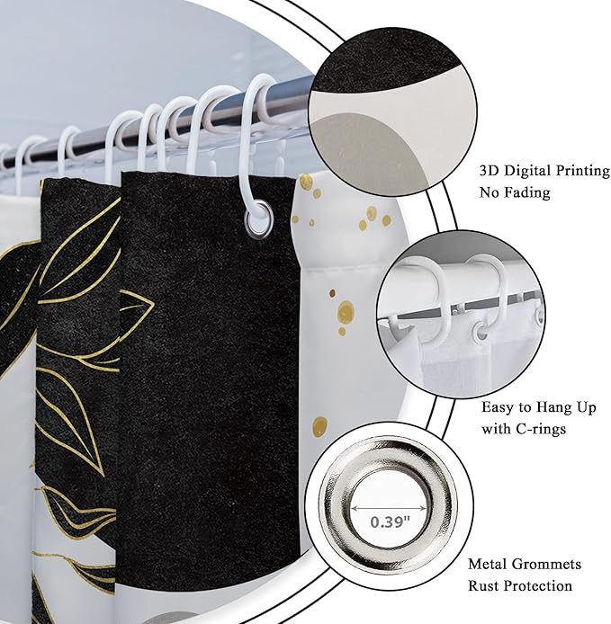 Riyidecor Boho Black Gold 4Pcs Shower Curtain Set with Toilet Lid Cover and Non-Slip Rugs, Mid Century Modern Minimalist Bathroom Decor Set，Abstract Contour and Bath Mat with 12 Hooks