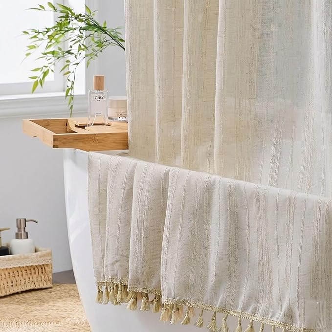 36" x 72" Stall Shower Curtain Linen Boho Shower Curtain Rustic Striped French Country Shabby Chic Shower Curtains for RV and Hotel, Beige